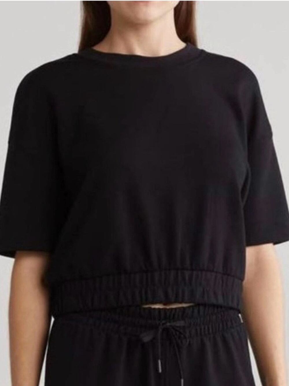 UEC Yogalicious Scuba Black Short Sleeve Elastic-Hem Semi crop  Sweatshirt Sz M